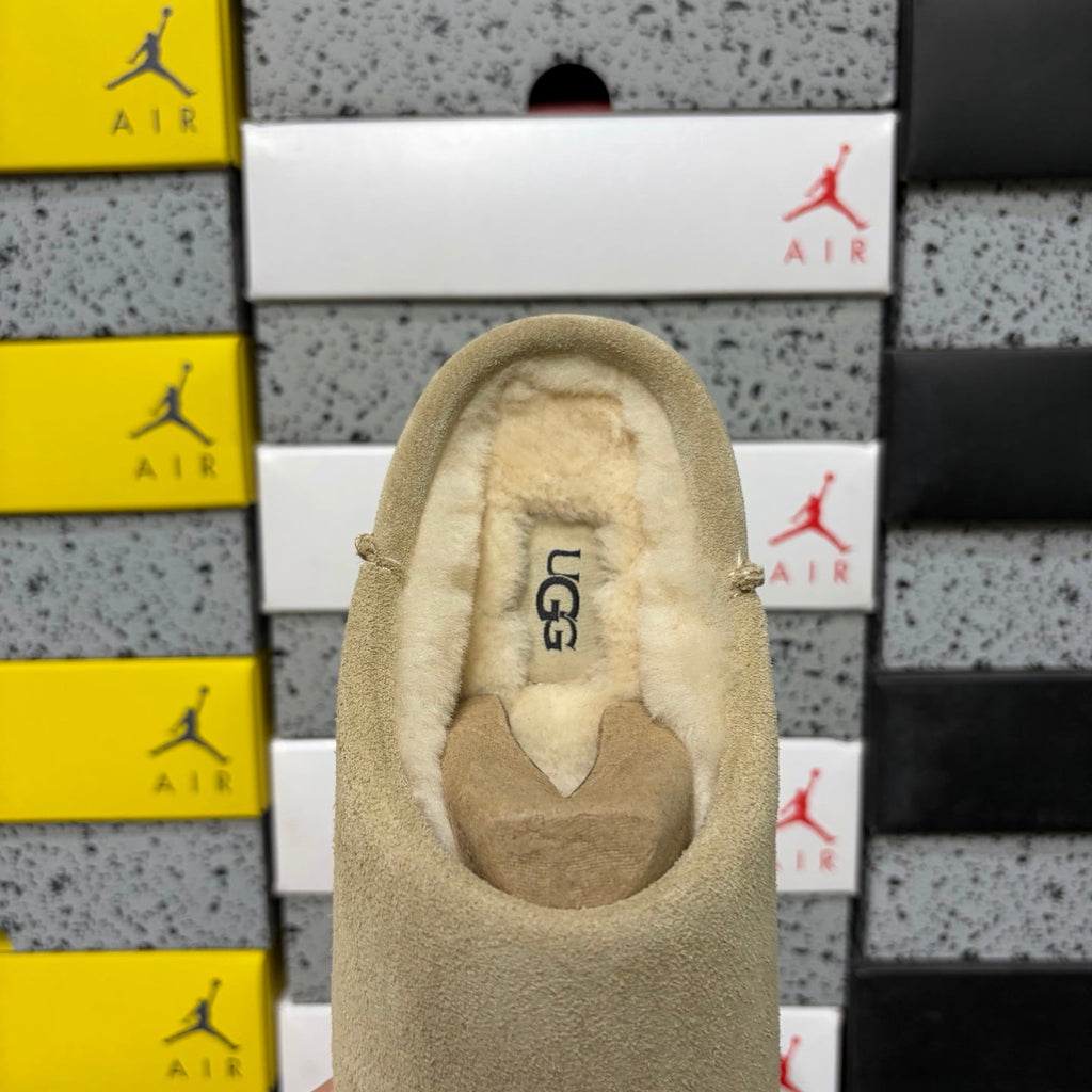 UGG Suede Mule – Women’s Backless Clog with Gold Rivet Accents & Shearling Lining in Sand