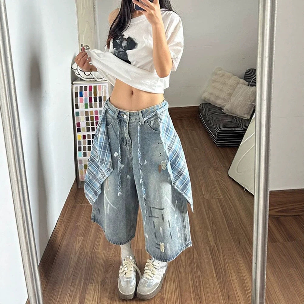 American Retro Plaid Shirt Tail Capri Denim Shorts High Waist Straight