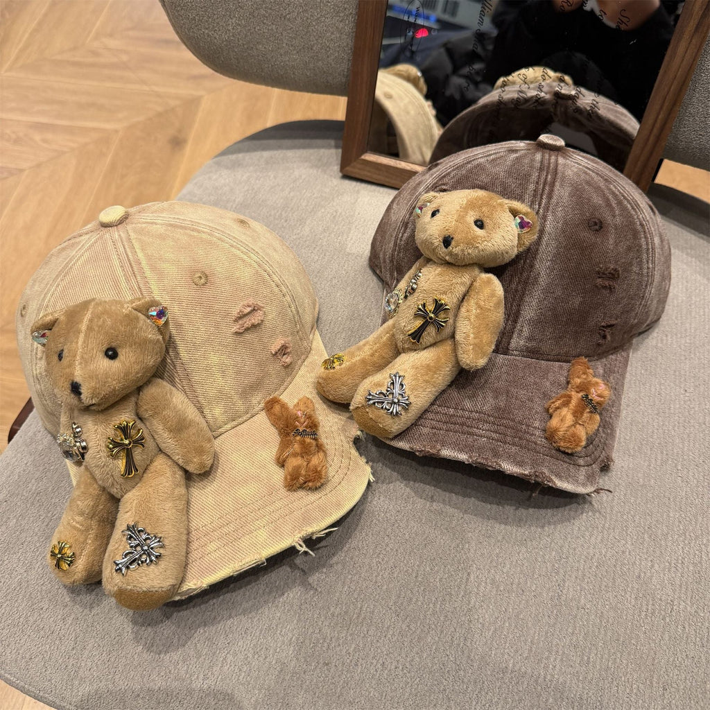 Vintage Washed Plush Bear Cross Rhinestone Baseball Cap Y2K Streetwear