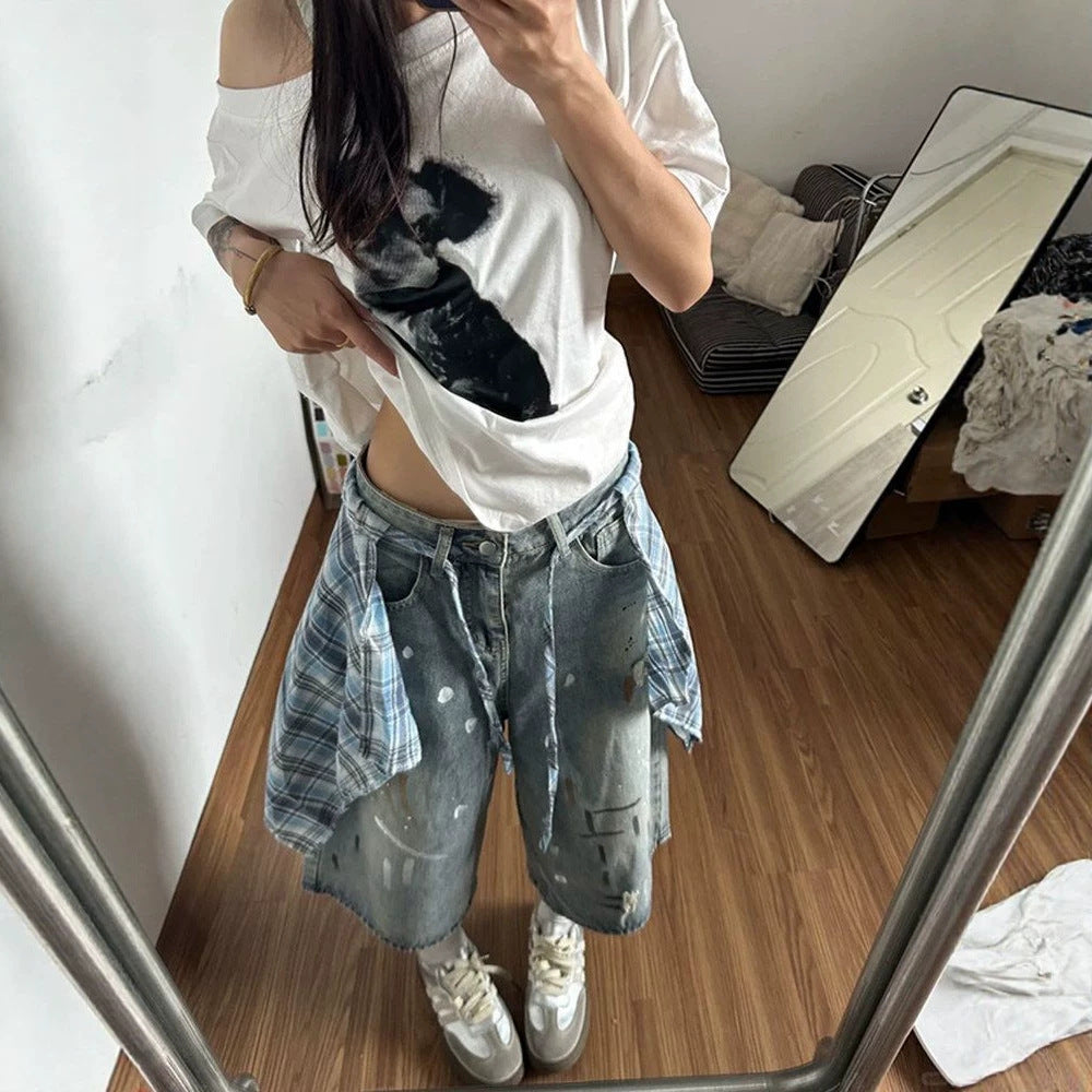 American Retro Plaid Shirt Tail Capri Denim Shorts High Waist Straight