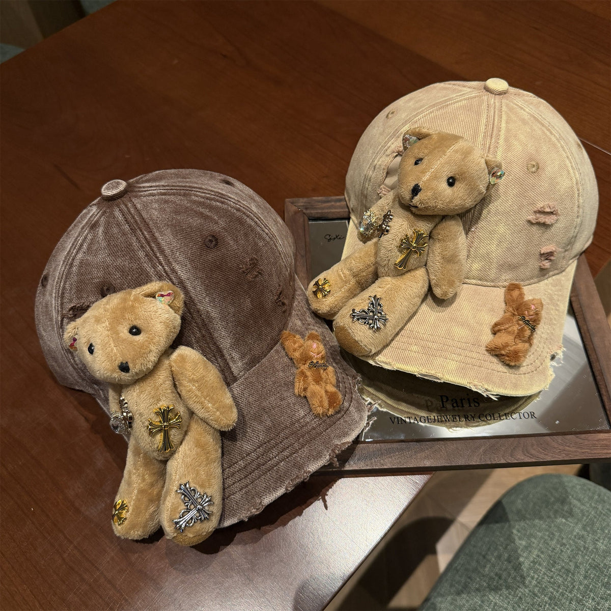 Vintage Washed Plush Bear Cross Rhinestone Baseball Cap Y2K Streetwear