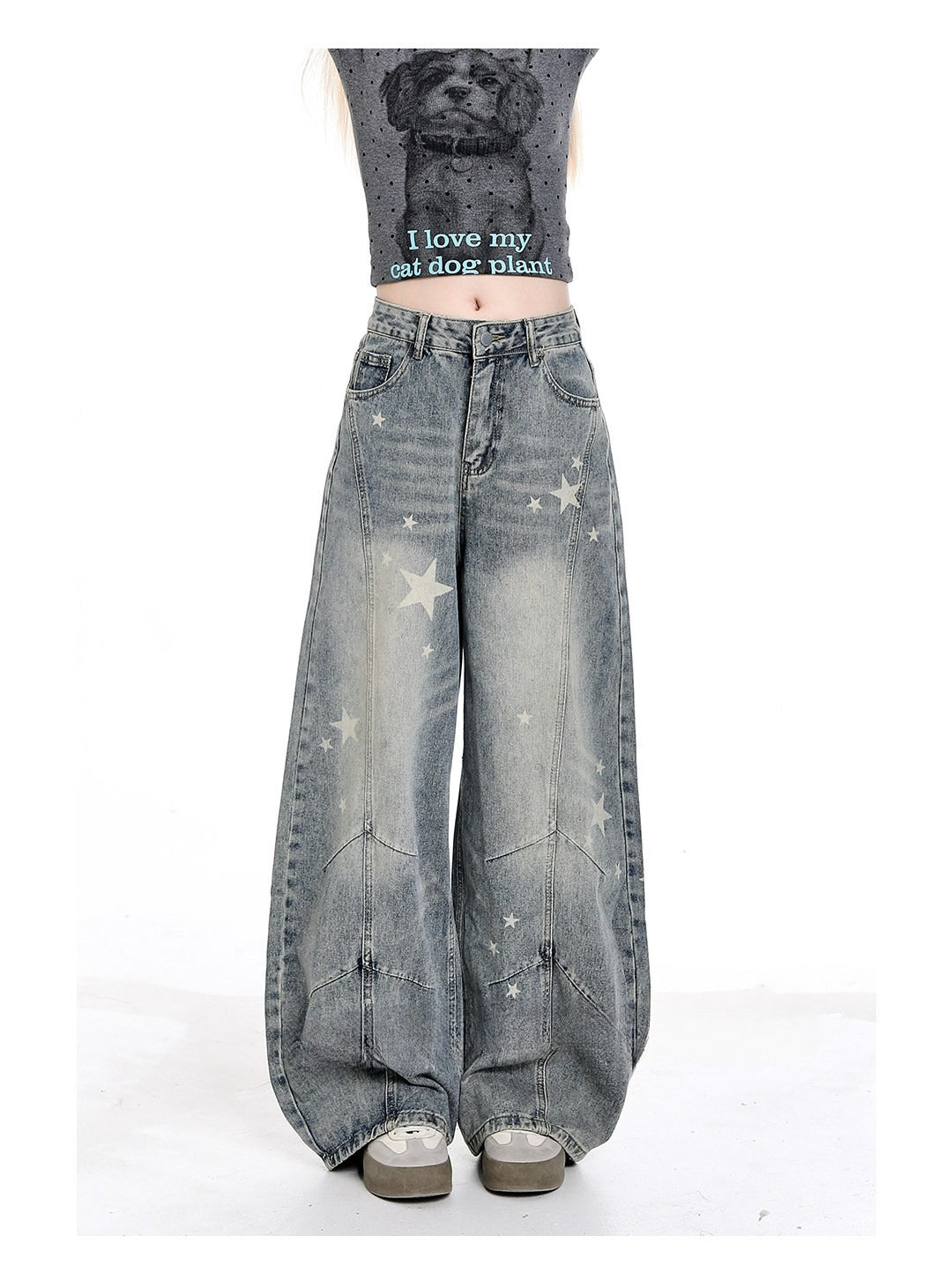 Vintage Star Print Curved Wide Leg Baggy Floor‑Length Denim Jeans
