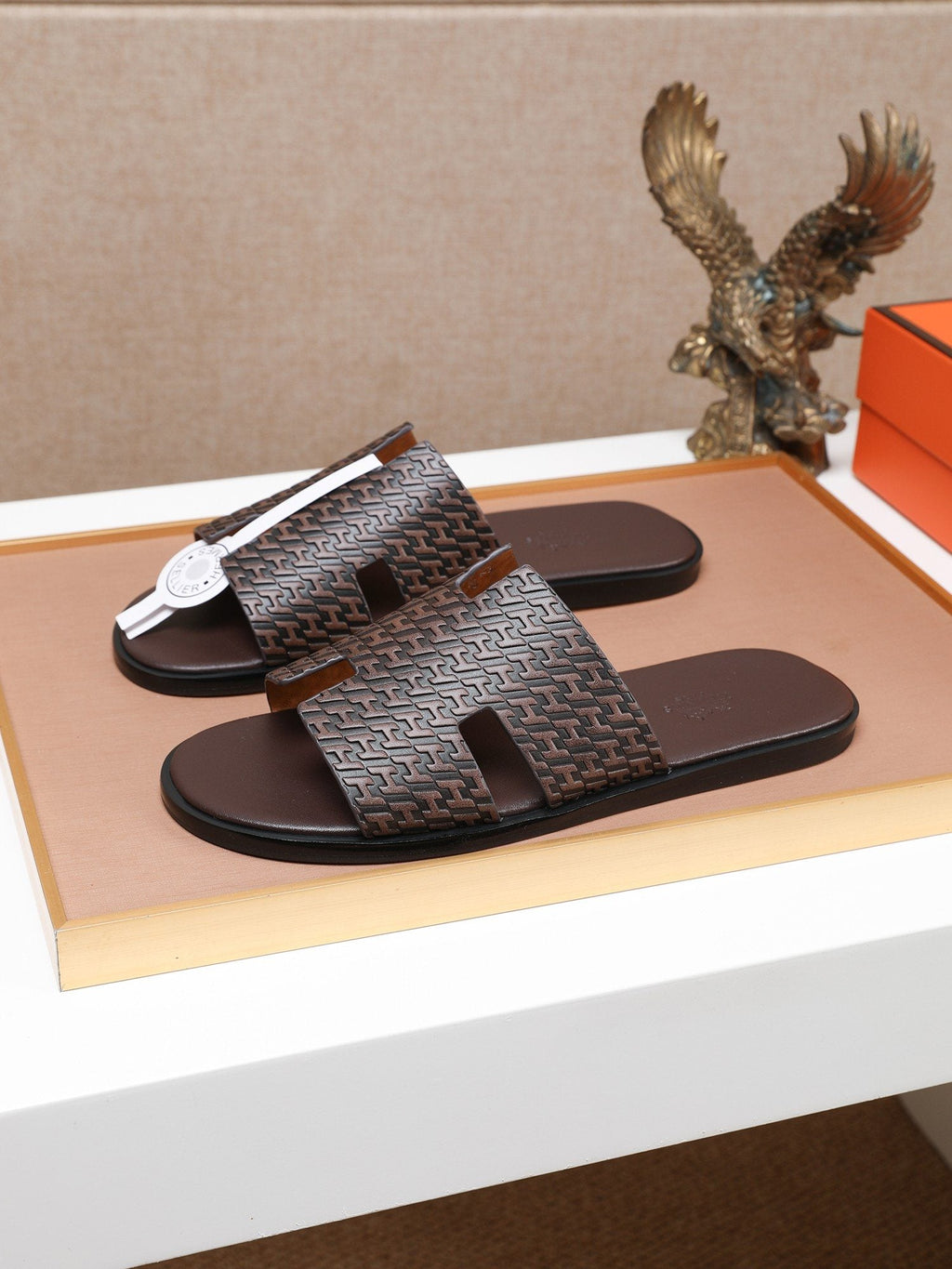 Hermes Dark Brown Woven H-Cutout Slide Sandals