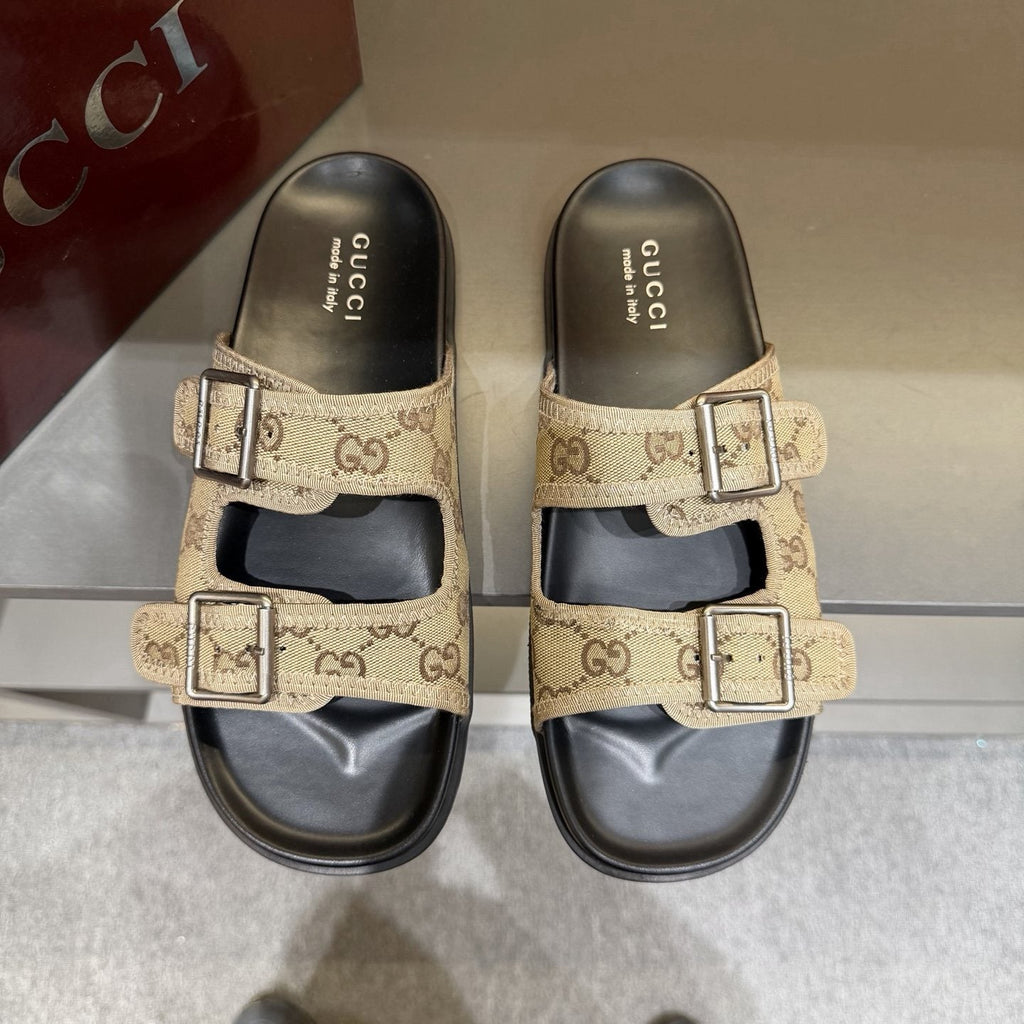 Gucci Men's Double-Buckle Monogram Slide Sandals