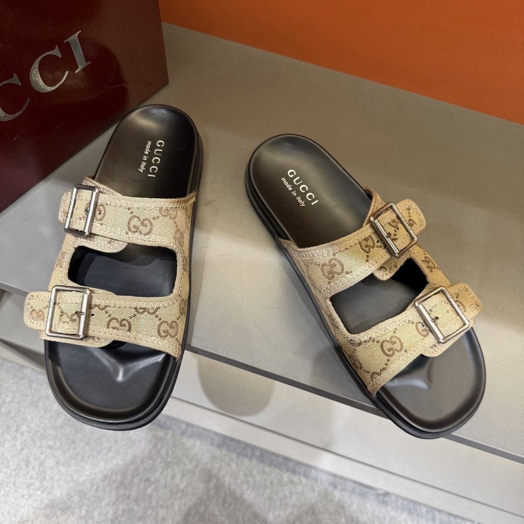 Gucci Men's Double-Buckle Monogram Slide Sandals