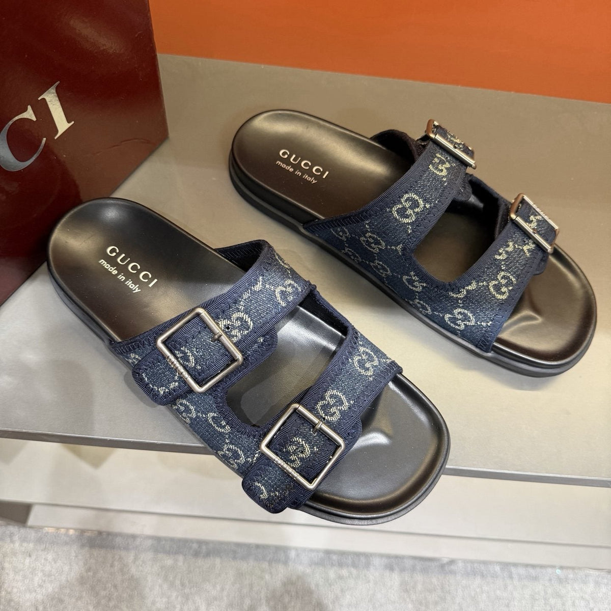 Gucci Men's Double-Buckle Monogram Slide Sandals