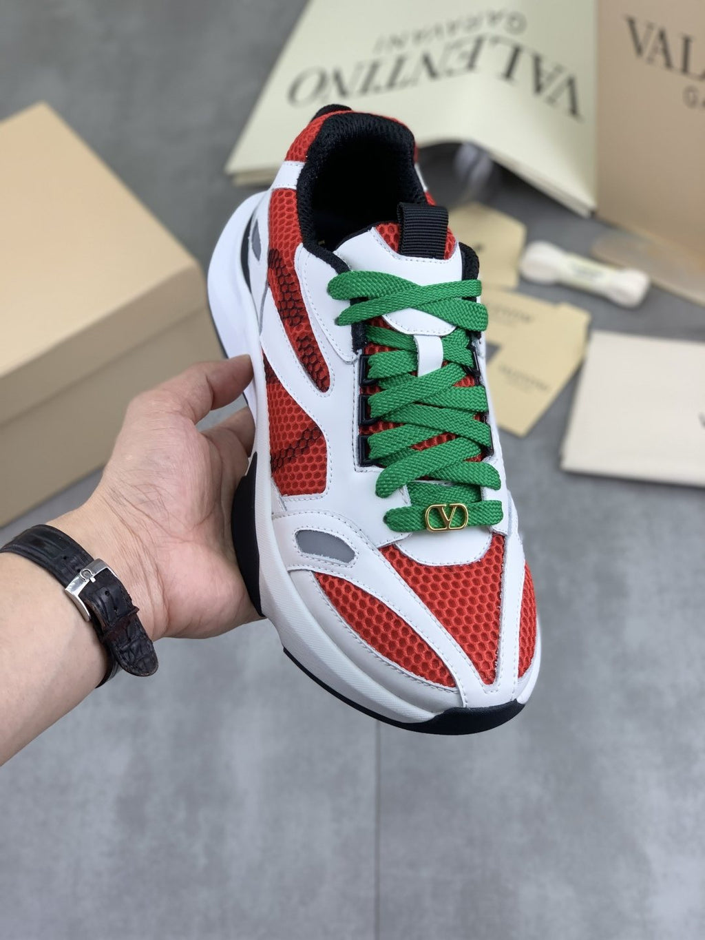 Valentino Men's Color-Block Mesh Sneakers - White, Red, Green & Black