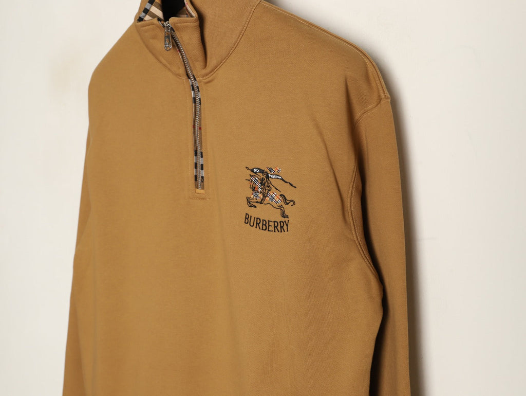 Burberry Equestrian-Detail Collared Half-Zip Sweatshirt - Camel